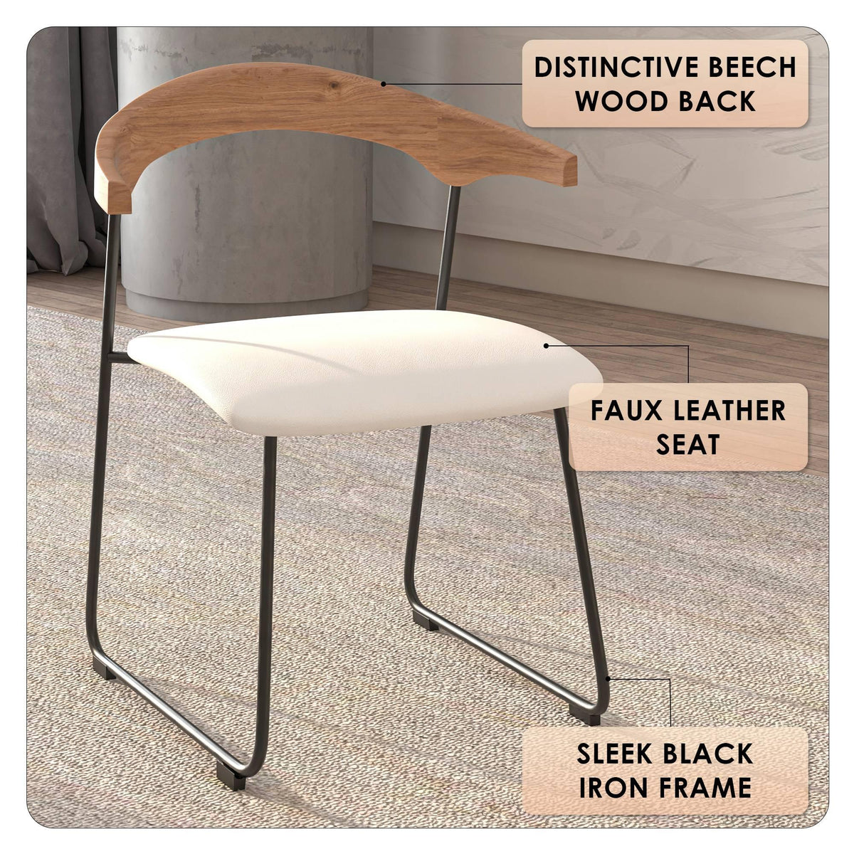 Lyra Leather Dining Chair with a Beech Wood Curved Back and Iron Legs - Elax Furniture