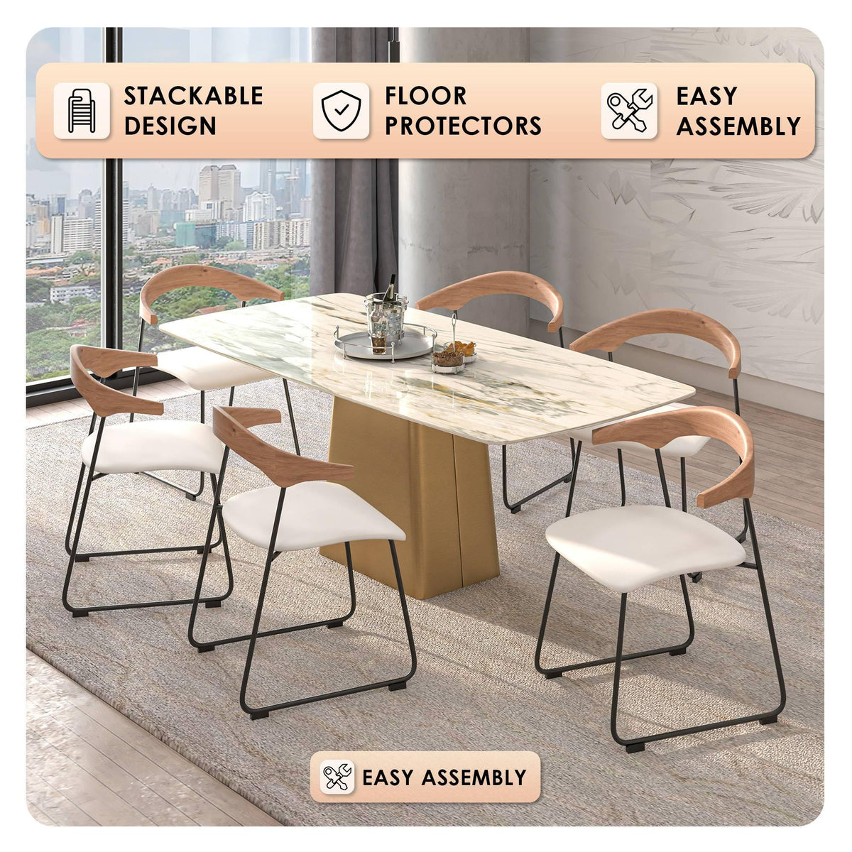 Lyra Leather Dining Chair with a Beech Wood Curved Back and Iron Legs - Elax Furniture