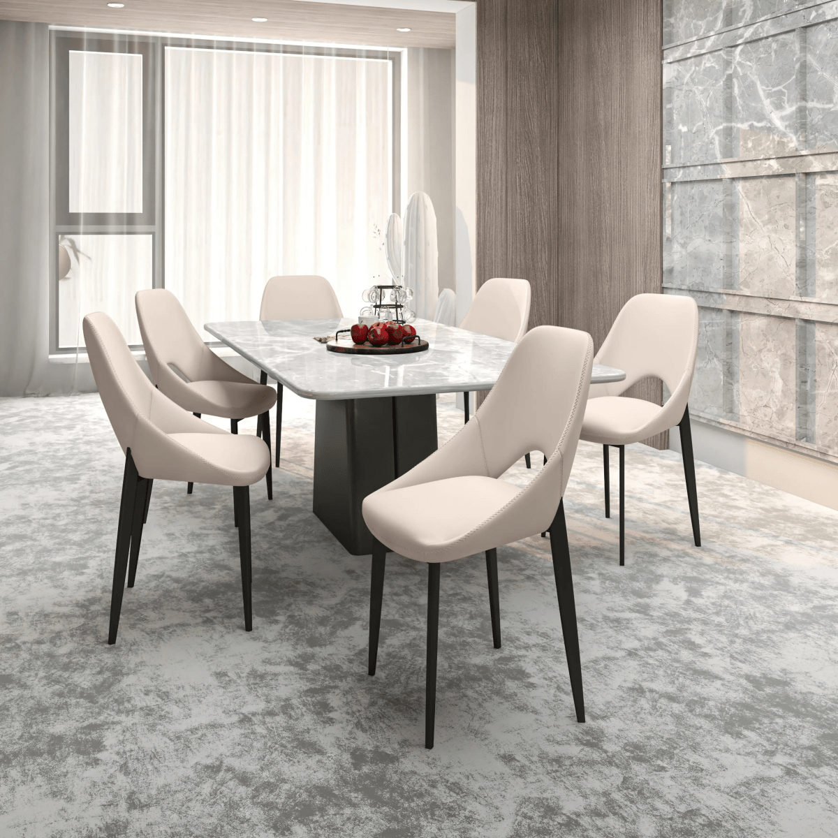 Amalfi Upholstered Dining Chair with a Curved Open Back Design in Black Iron Coconut white CHAIR Leisuremod