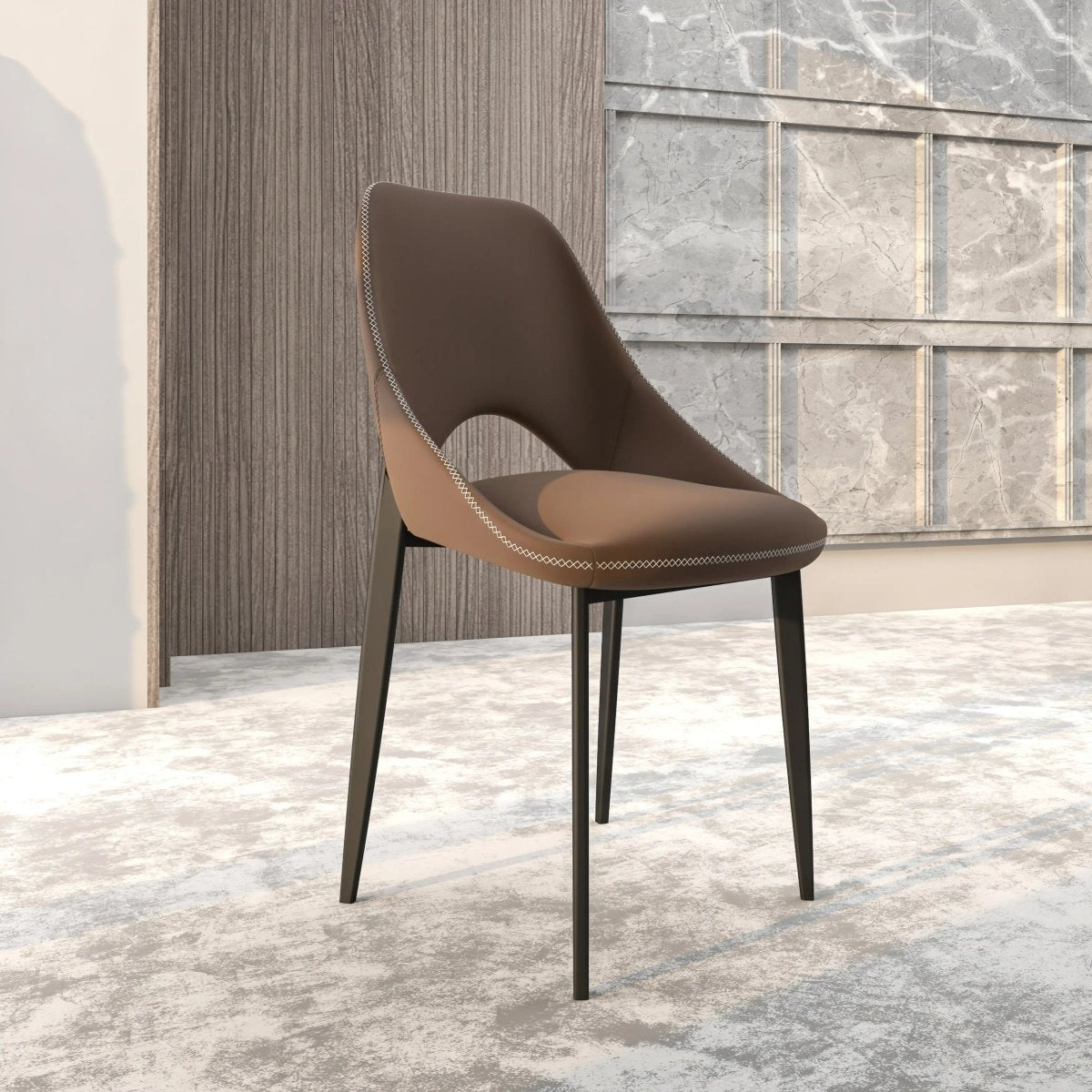Amalfi Upholstered Dining Chair with a Curved Open Back Design in Black Iron Light Brown CHAIR Leisuremod