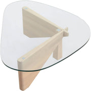 Imperial Triangular Coffee Table with a Glass Tabletop and Wood Base Natural Wood Coffee Table Leisuremod