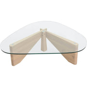 Imperial Triangular Coffee Table with a Glass Tabletop and Wood Base Natural Wood Coffee Table Leisuremod