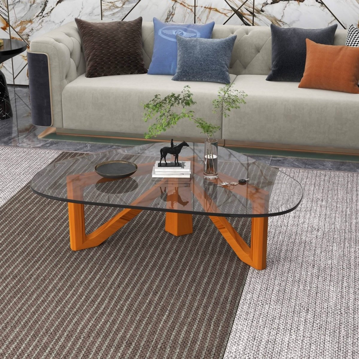 Imperial Triangular Coffee Table with a Glass Tabletop and Wood Base Light Walnut Coffee Table Leisuremod