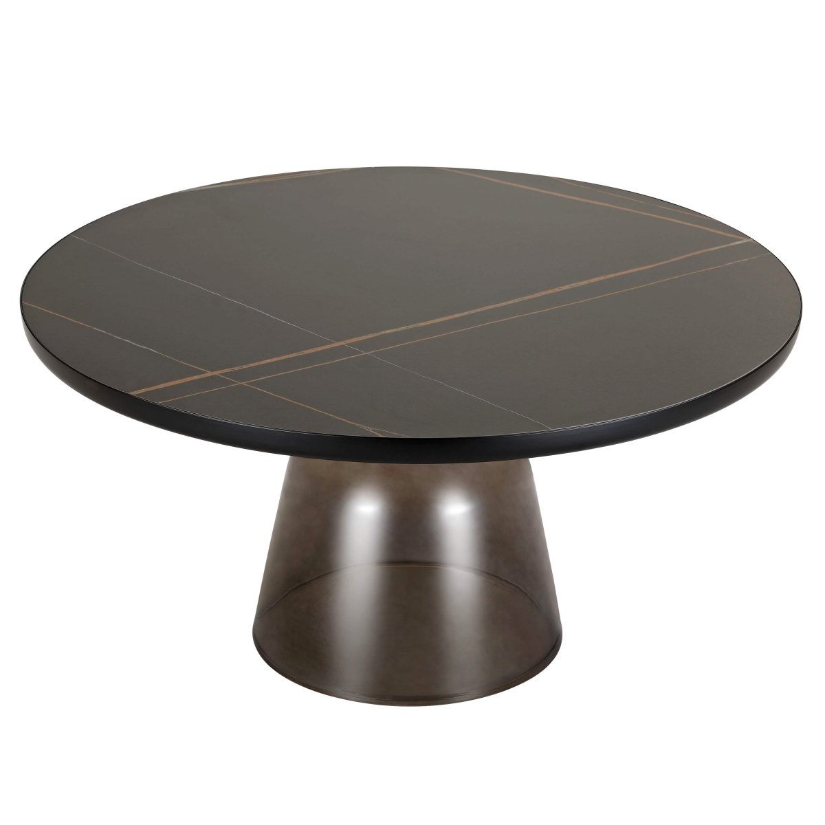 Tully 30-Inch Round Glass/Stone Coffee Table with Iron Rim Frame and Glass Base Stone Black Grey Black Stone Coffee Table Leisuremod