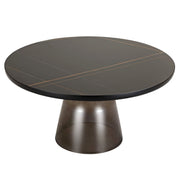 Tully 30-Inch Round Glass/Stone Coffee Table with Iron Rim Frame and Glass Base Stone Black Grey Black Stone Coffee Table Leisuremod