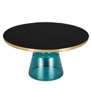 Tully 30-Inch Round Glass/Stone Coffee Table with Iron Rim Frame and Glass Base Glass Gold Blue Black Glass Coffee Table Leisuremod