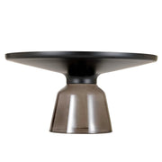 Tully 30-Inch Round Glass/Stone Coffee Table with Iron Rim Frame and Glass Base Glass Black Grey Black Glass Coffee Table Leisuremod
