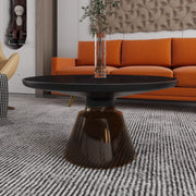 Tully 30-Inch Round Glass/Stone Coffee Table with Iron Rim Frame and Glass Base Stone Black Grey Black Stone Coffee Table Leisuremod