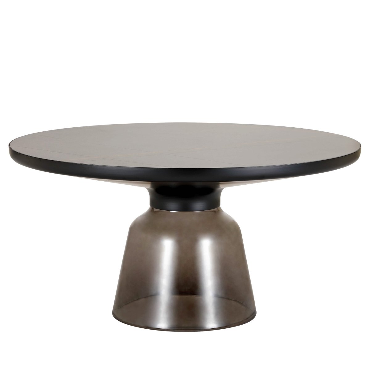 Tully 30-Inch Round Glass/Stone Coffee Table with Iron Rim Frame and Glass Base Glass Black Grey Black Glass Coffee Table Leisuremod