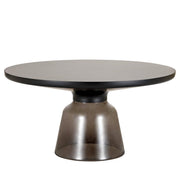 Tully 30-Inch Round Glass/Stone Coffee Table with Iron Rim Frame and Glass Base Glass Black Grey Black Glass Coffee Table Leisuremod