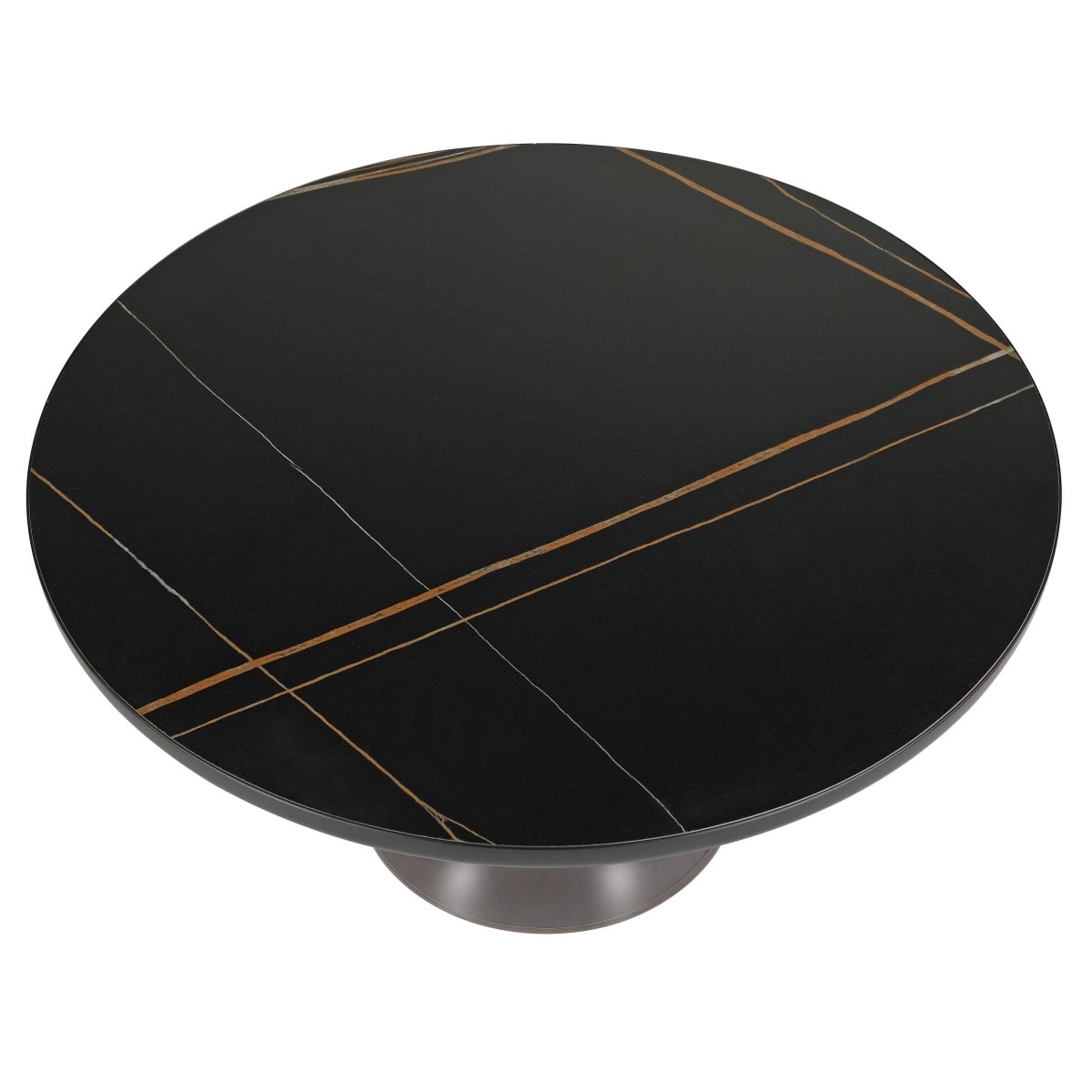 Tully 30-Inch Round Glass/Stone Coffee Table with Iron Rim Frame and Glass Base Stone Black Grey Black Stone Coffee Table Leisuremod
