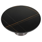 Tully 30-Inch Round Glass/Stone Coffee Table with Iron Rim Frame and Glass Base Stone Black Grey Black Stone Coffee Table Leisuremod