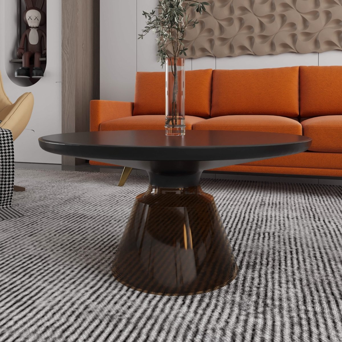 Tully 30-Inch Round Glass/Stone Coffee Table with Iron Rim Frame and Glass Base Glass Black Grey Black Glass Coffee Table Leisuremod