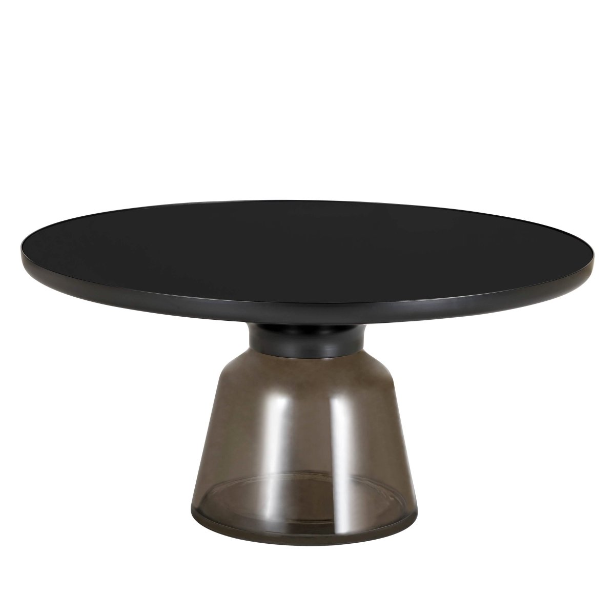 Tully 30-Inch Round Glass/Stone Coffee Table with Iron Rim Frame and Glass Base Glass Black Grey Black Glass Coffee Table Leisuremod