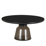 Tully 30-Inch Round Glass/Stone Coffee Table with Iron Rim Frame and Glass Base Glass Black Grey Black Glass Coffee Table Leisuremod