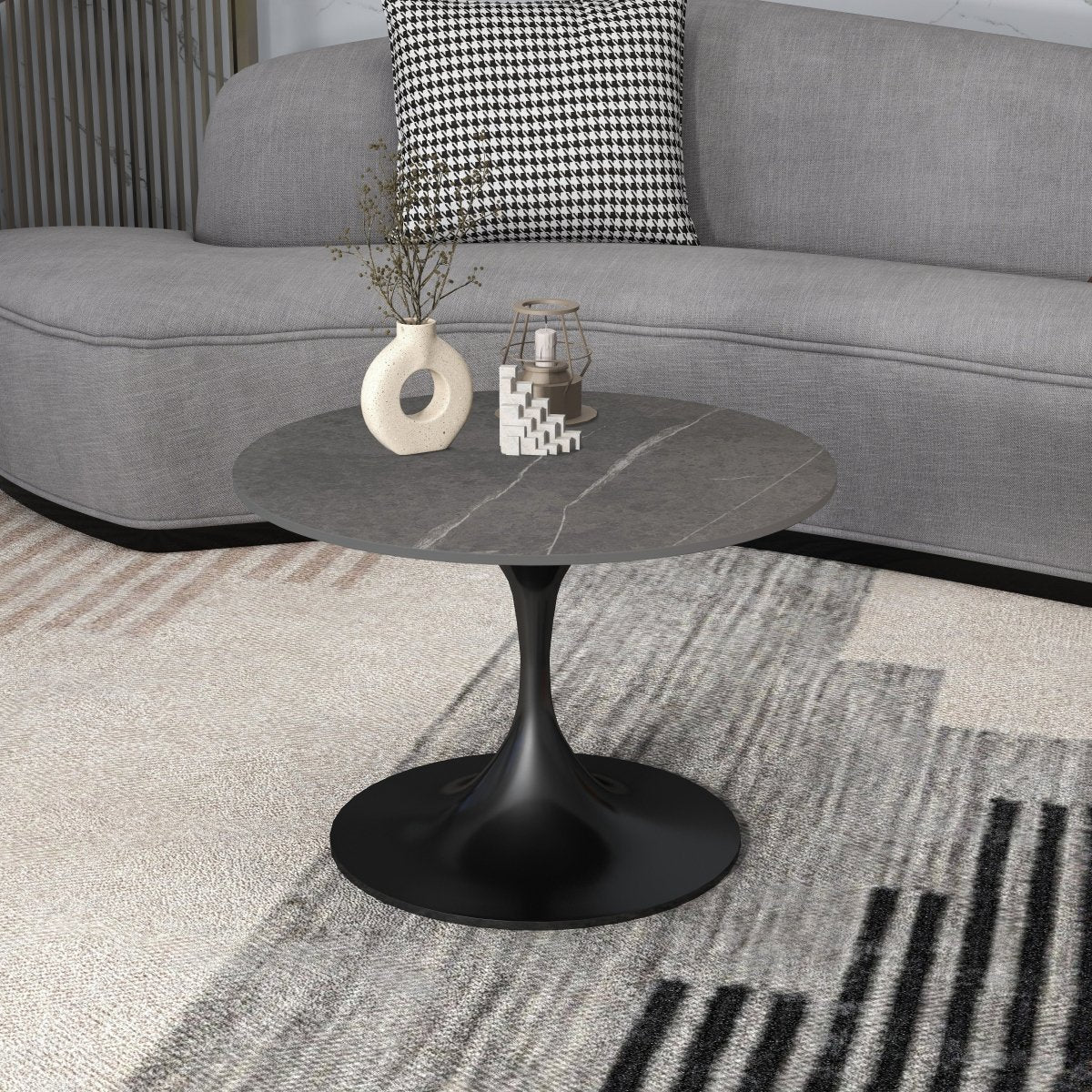 Verve Round Coffee Table with MDF/Resin/Sintered Stone Tabletop and Black Stainless Steel Base Sintered Stone 27 Inches Wide Grey Coffee Table Leisuremod