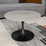 Verve Round Coffee Table with MDF/Resin/Sintered Stone Tabletop and Black Stainless Steel Base Resin 27 Inches Wide White Marble Coffee Table Leisuremod