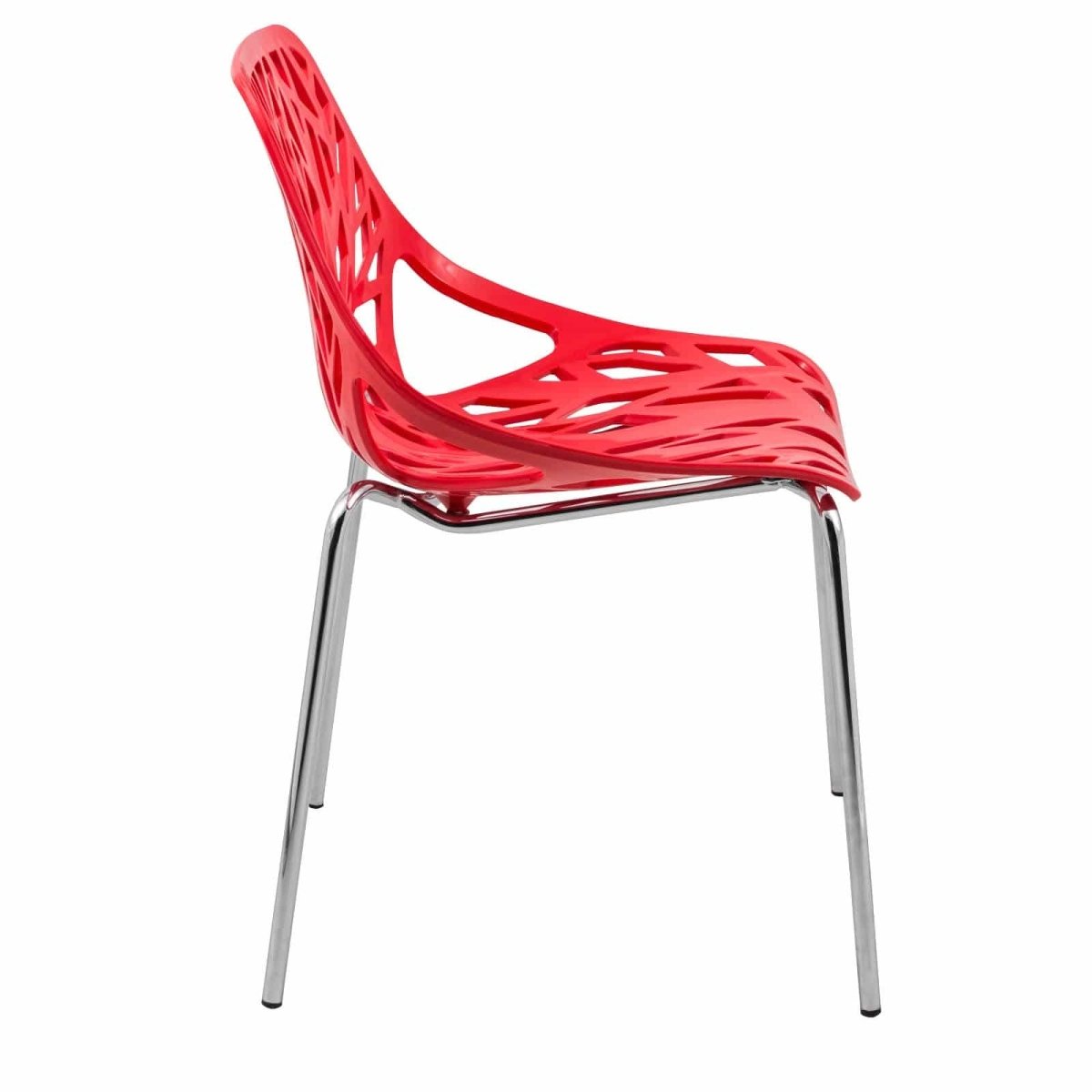 Asbury Polypropylene Dining Side Chair with Forest Cut-Out Design in Chrome Red Dining Chair Leisuremod