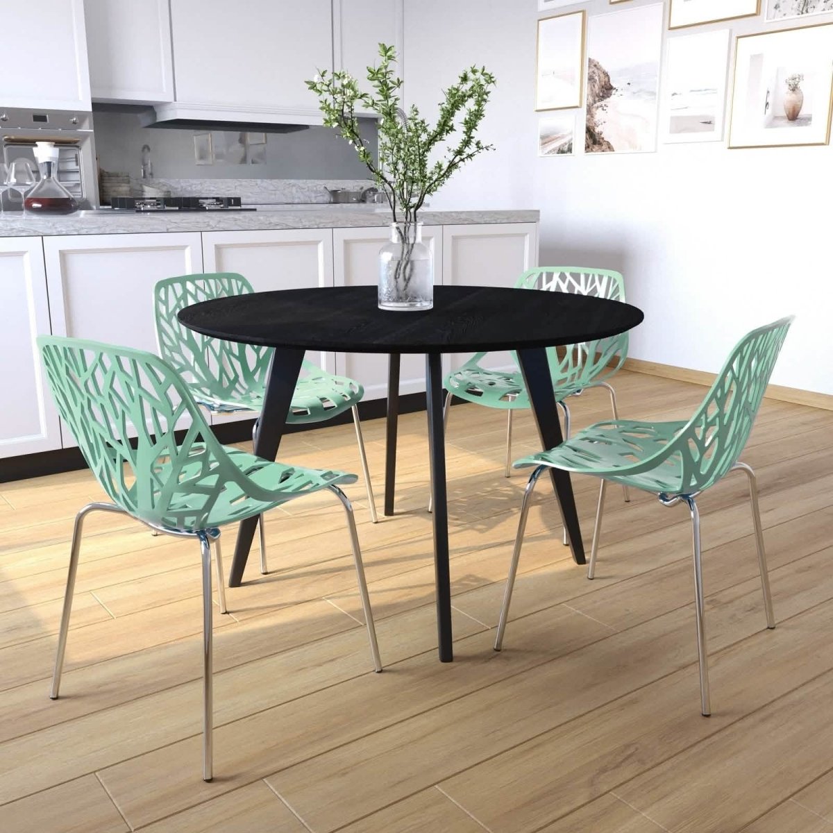 Asbury Polypropylene Dining Side Chair with Forest Cut-Out Design in Chrome Mint Dining Chair Leisuremod