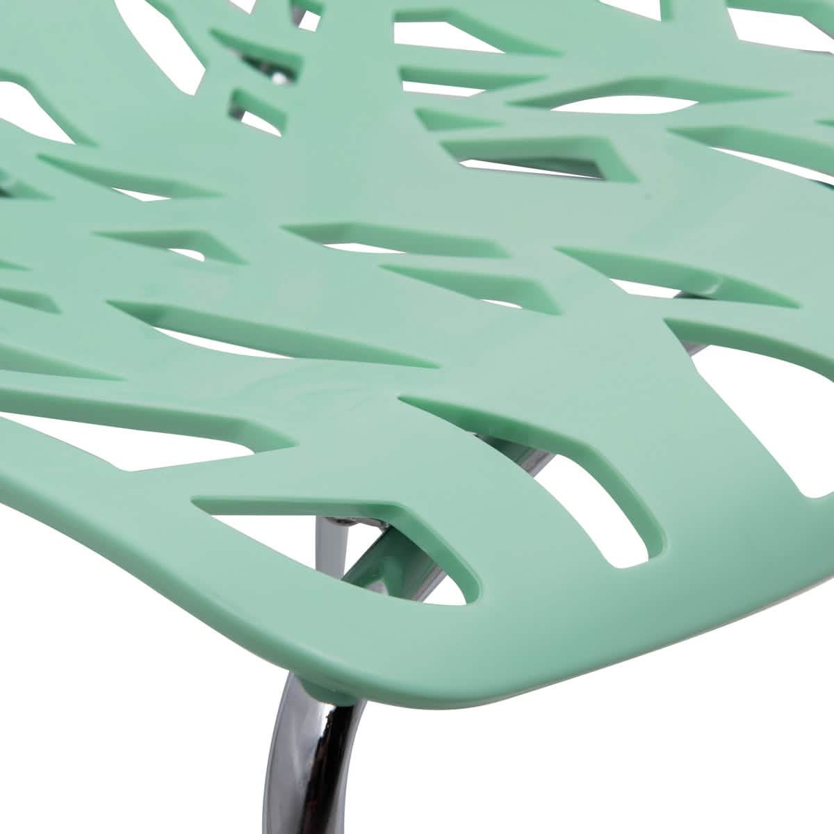 Asbury Polypropylene Dining Side Chair with Forest Cut-Out Design in Chrome Mint Dining Chair Leisuremod