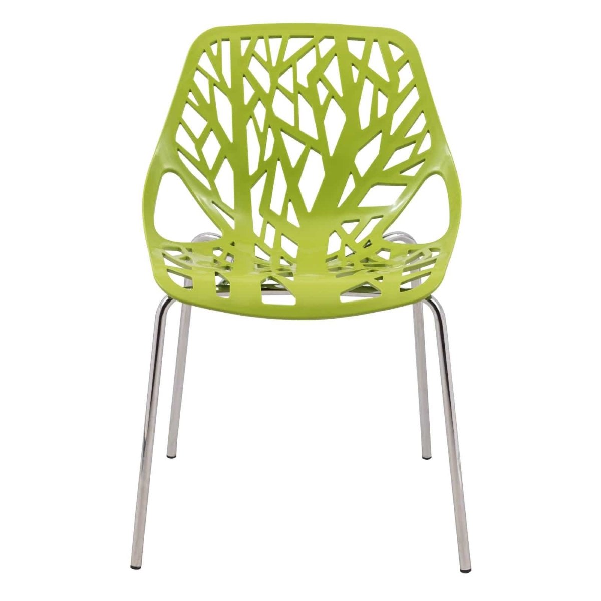 Asbury Polypropylene Dining Side Chair with Forest Cut-Out Design in Chrome Green Dining Chair Leisuremod