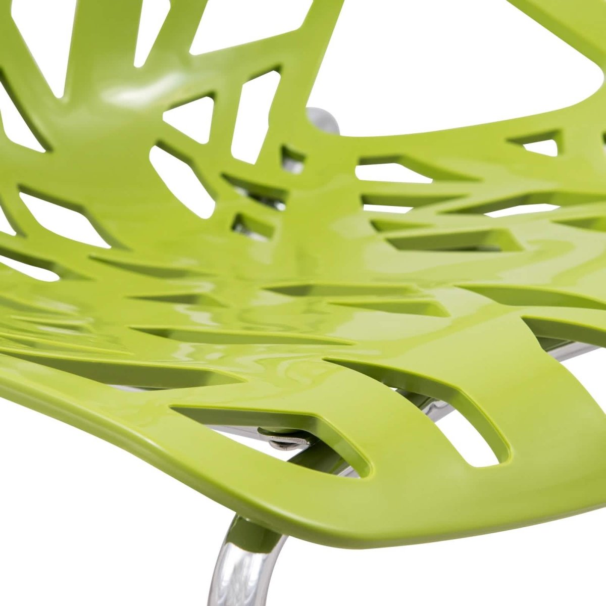 Asbury Polypropylene Dining Side Chair with Forest Cut-Out Design in Chrome Green Dining Chair Leisuremod