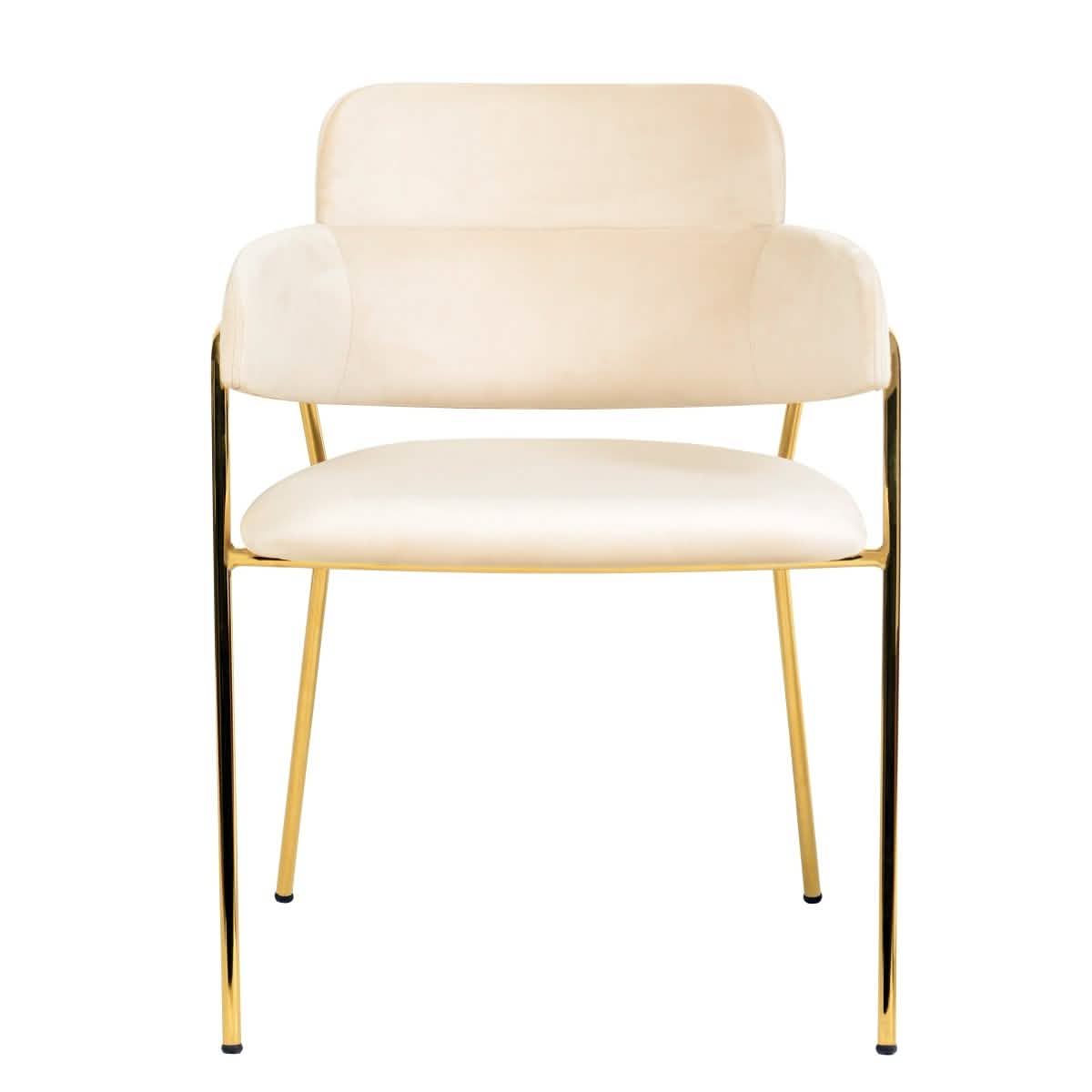 Axis Upholstered Dining Chair with Curved Open-Back and Arms and Black/Gold Stainless Steel Legs Gold Velvet Beige Dining Chair Leisuremod