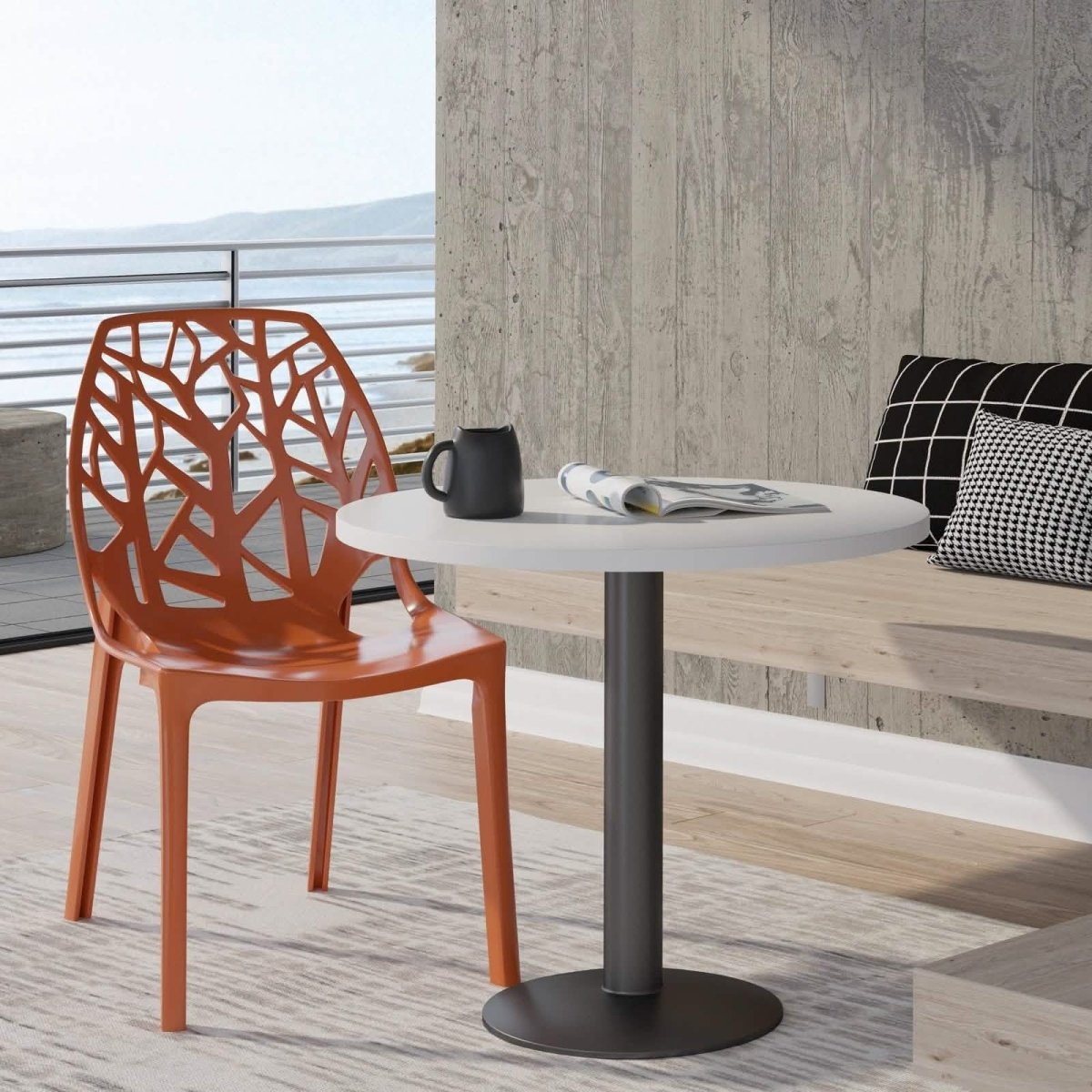 Cornelia Modern ABS Plastic Stackable Dining Chair with Cut-Out Tree Design Solid Orange Dining Chair Leisuremod