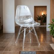 Cresco Modern Dining Side Chair in Curved Back Design with Multiple Base Options: Wood, Acrylic, Chrome & Gold Eiffel Design Acrylic Transparent Clear Dining Chair Leisuremod