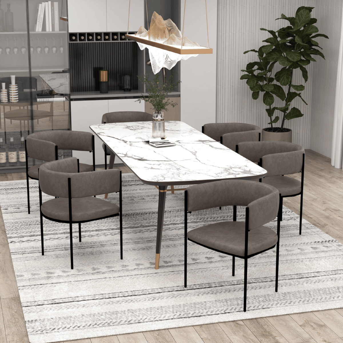 Cyril Dining Chair in Leather or Velvet with Open Back Design and Powder-Coated Iron Frame Charcoal Dining Chair Leisuremod