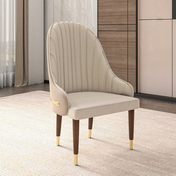 Elara Leather Dining Chair with Elegant Ripple Back and Gold Accents in Rubberwood