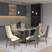 Elm Dining Chair with a Leather/Velvet Seat and a Two-Tone Color Design Backrest in Ash Wood Grey Dining Chair Leisuremod