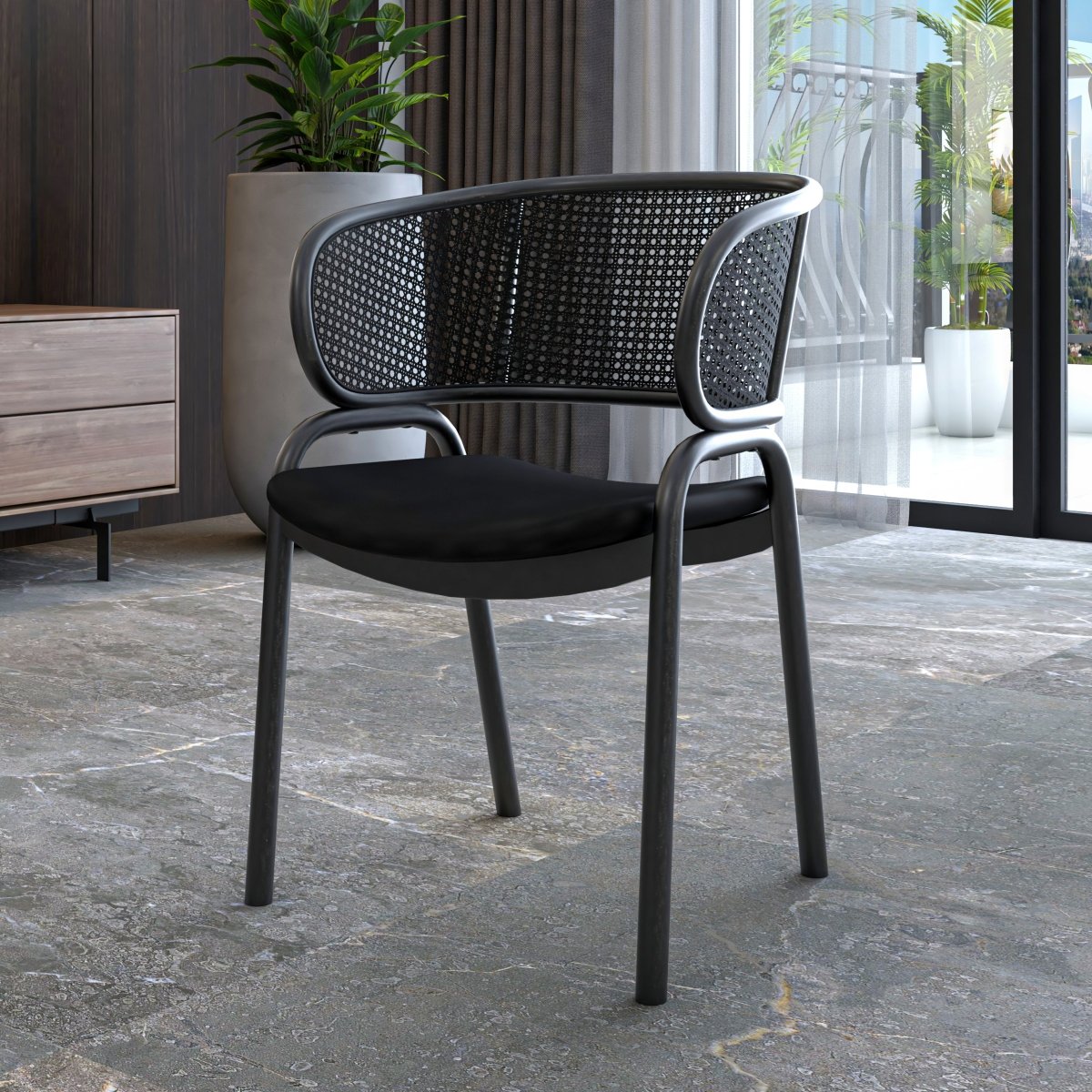 Ervilla Velvet Dining Armchair with Steel Legs and Wicker Back Black Black Black Dining Chair Leisuremod