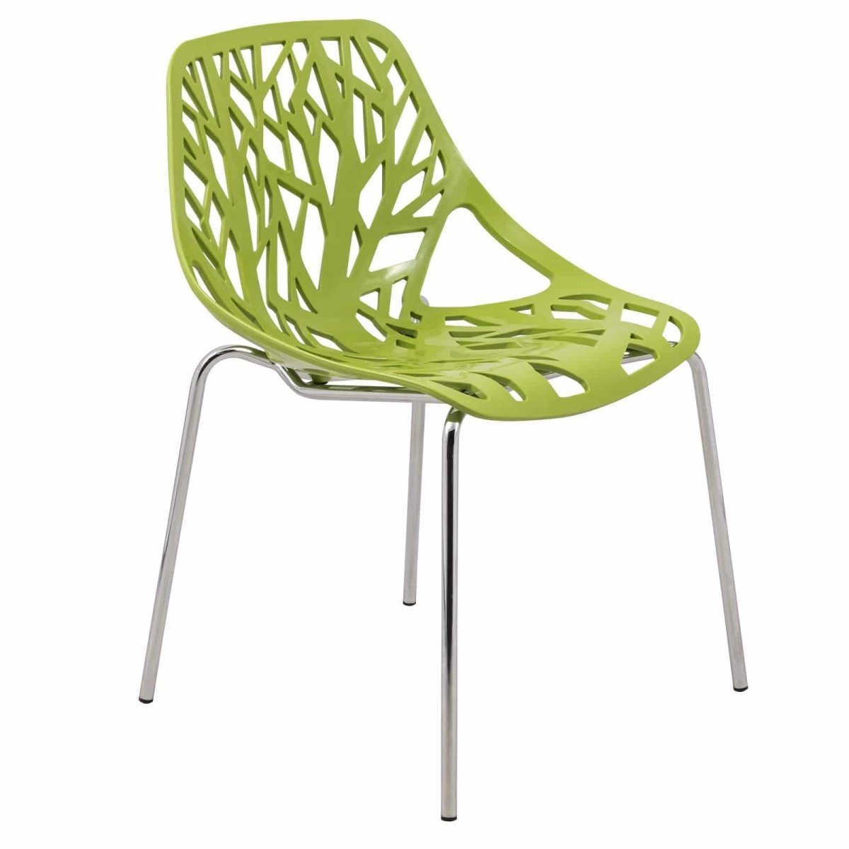 Asbury Polypropylene Dining Side Chair with Forest Cut-Out Design in Chrome Green Dining Chair Leisuremod