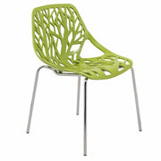 Asbury Polypropylene Dining Side Chair with Forest Cut-Out Design in Chrome Green Dining Chair Leisuremod