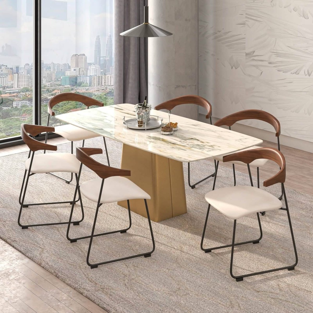 Lyra Leather Dining Chair with a Beech Wood Curved Back and Iron Legs Walnut Taupe Dining Chair Leisuremod