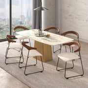 Lyra Leather Dining Chair with a Beech Wood Curved Back and Iron Legs Walnut Taupe Dining Chair Leisuremod