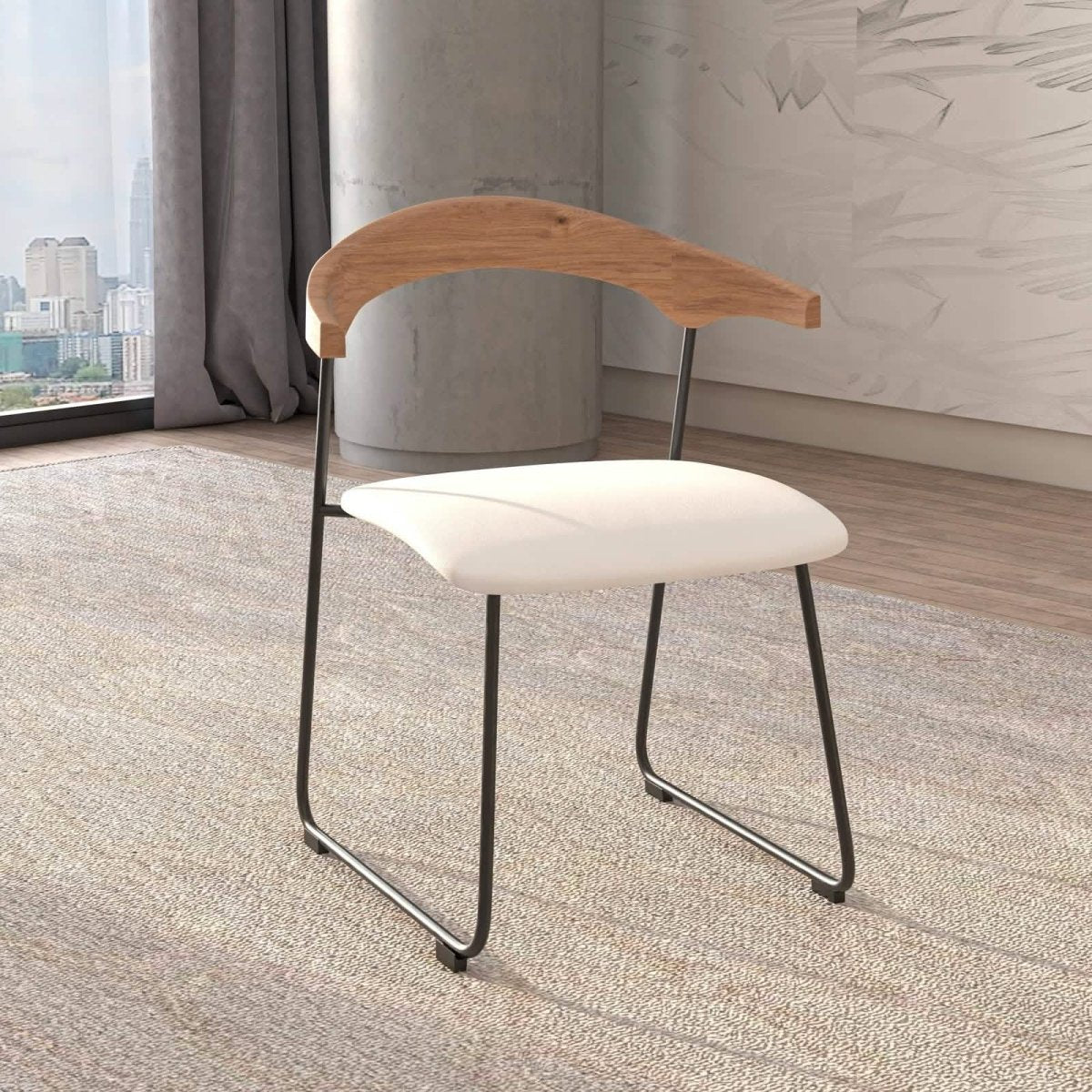 Lyra Leather Dining Chair with a Beech Wood Curved Back and Iron Legs Natural Wood White Dining Chair Leisuremod