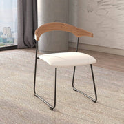 Lyra Leather Dining Chair with a Beech Wood Curved Back and Iron Legs Natural Wood White Dining Chair Leisuremod