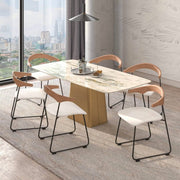 Lyra Leather Dining Chair with a Beech Wood Curved Back and Iron Legs Natural Wood White Dining Chair Leisuremod