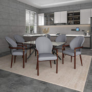 Opaline Dining Chair in Velvet or Leather Upholstery with Rubberwood Frame with Gold Accents Grey Leather Dining Chair Leisuremod
