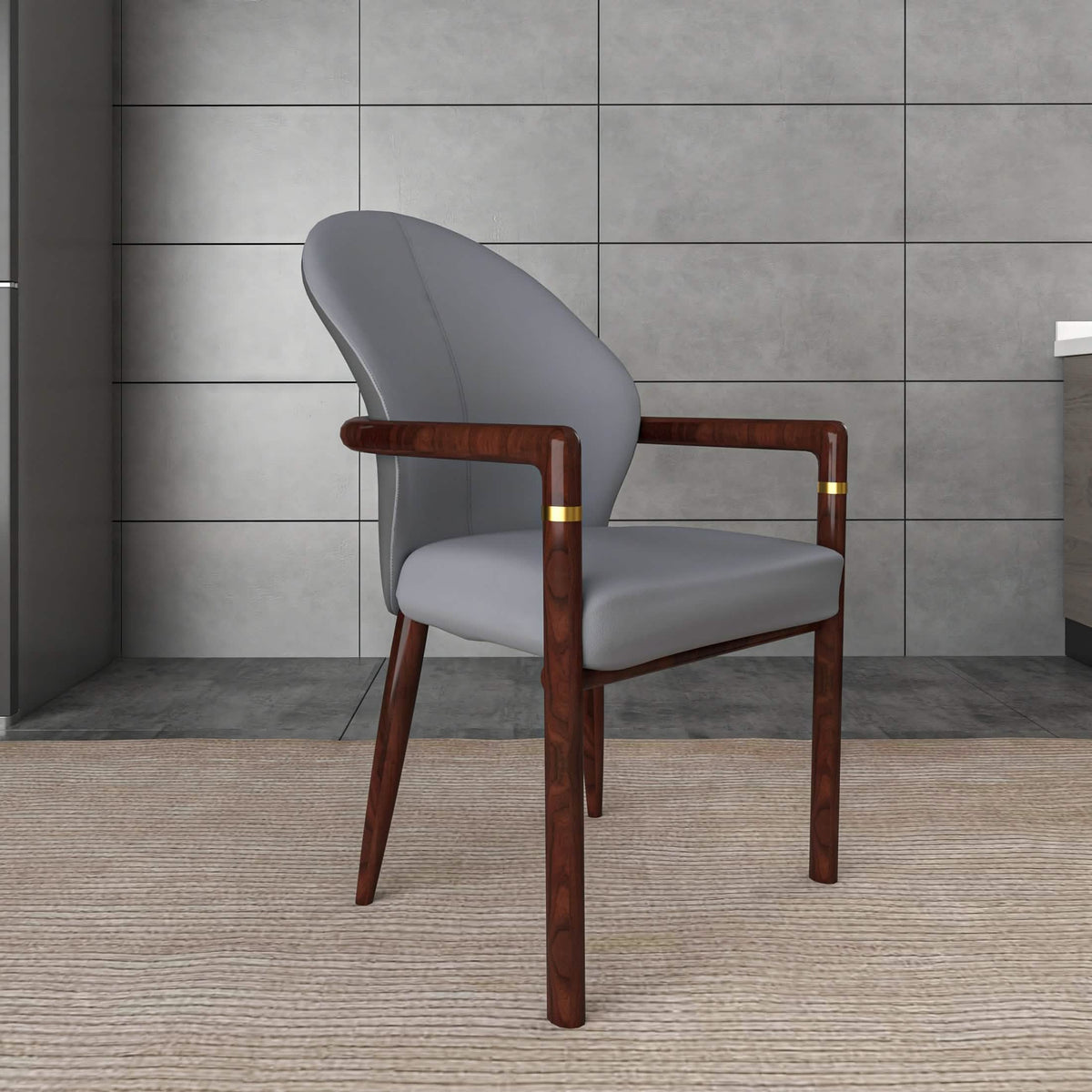 Opaline Dining Chair in Velvet or Leather Upholstery with Rubberwood Frame with Gold Accents Grey Leather Dining Chair Leisuremod