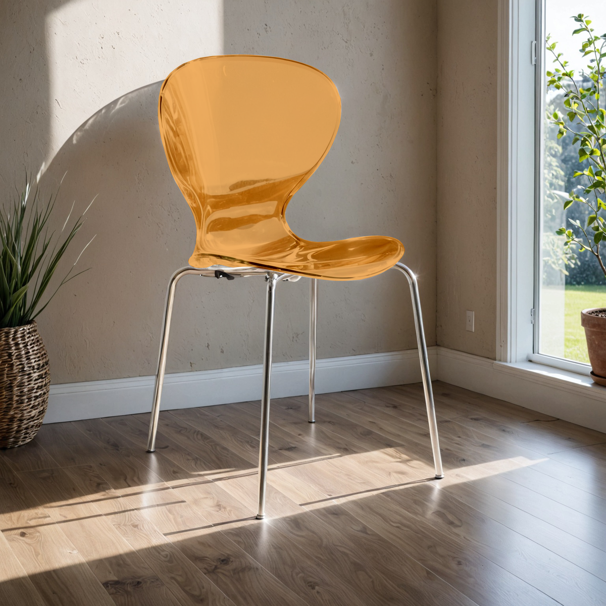 Oyster Modern Stackable Dining Side Chair with Chrome/White/Black Stainless Steel Legs Silver Transparent Orange Dining Chair Leisuremod