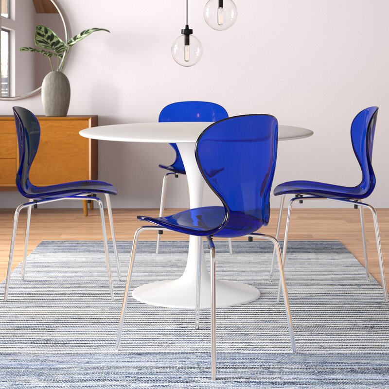 Oyster Modern Stackable Dining Side Chair with Chrome/White/Black Stainless Steel Legs Silver Transparent Blue Dining Chair Leisuremod