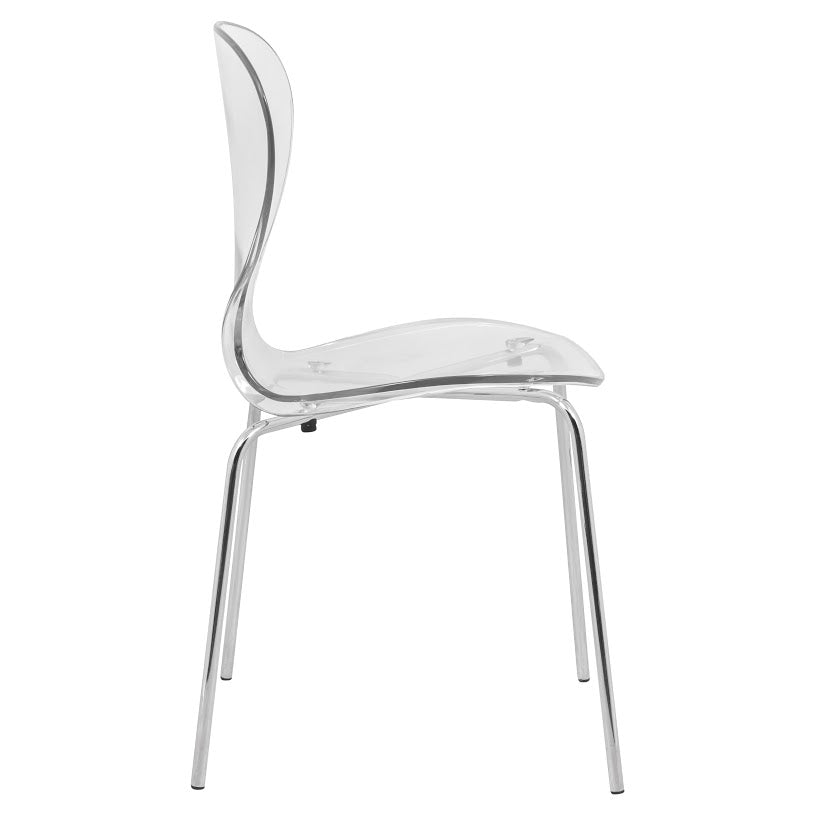 Oyster Modern Stackable Dining Side Chair with Chrome/White/Black Stainless Steel Legs Silver Clear Dining Chair Leisuremod