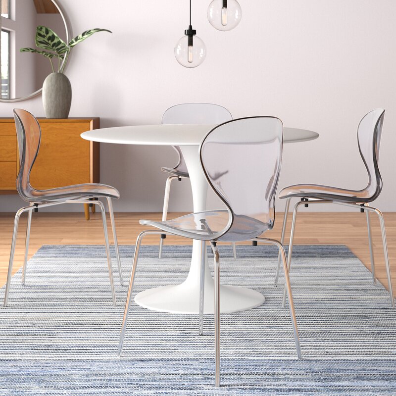 Oyster Modern Stackable Dining Side Chair with Chrome/White/Black Stainless Steel Legs Silver Clear Dining Chair Leisuremod