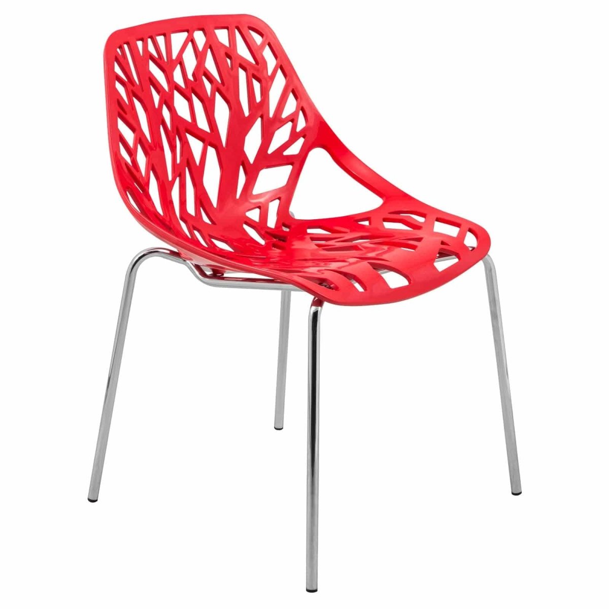 Asbury Polypropylene Dining Side Chair with Forest Cut-Out Design in Chrome Red Dining Chair Leisuremod