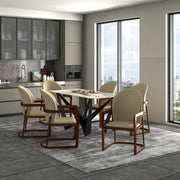 Svelta Dining Chair in Upholstered Leather Accent Arm Chair and Rubberwood Frame and Legs Toupe Dining Chair LeisureMod