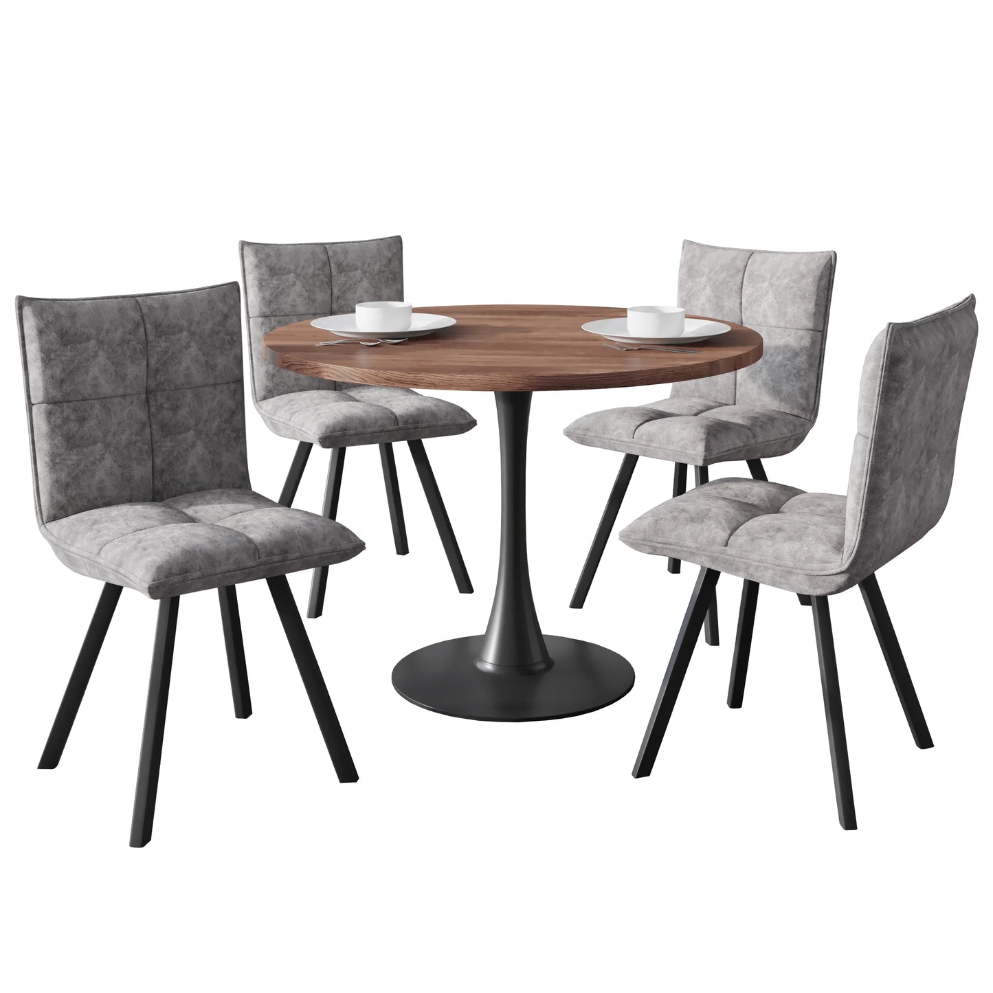 Bristol 5-Piece Dining Set with 36" Round Dining Table with Cognac Brown MDF Top and Black Base 4 Leather Dining Chairs - Elax Furniture