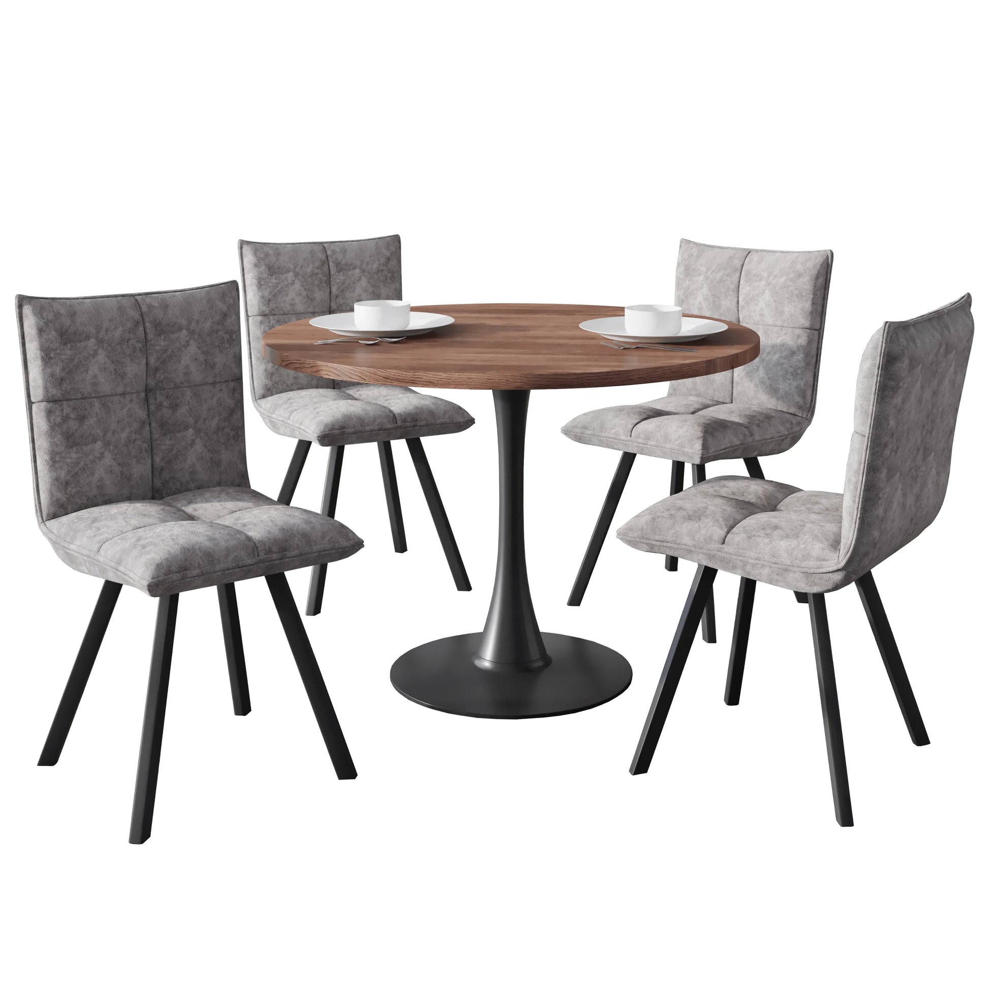 Bristol 5-Piece Dining Set with 36" Round Dining Table with Cognac Brown MDF Top and Black Base 4 Leather Dining Chairs - Elax Furniture